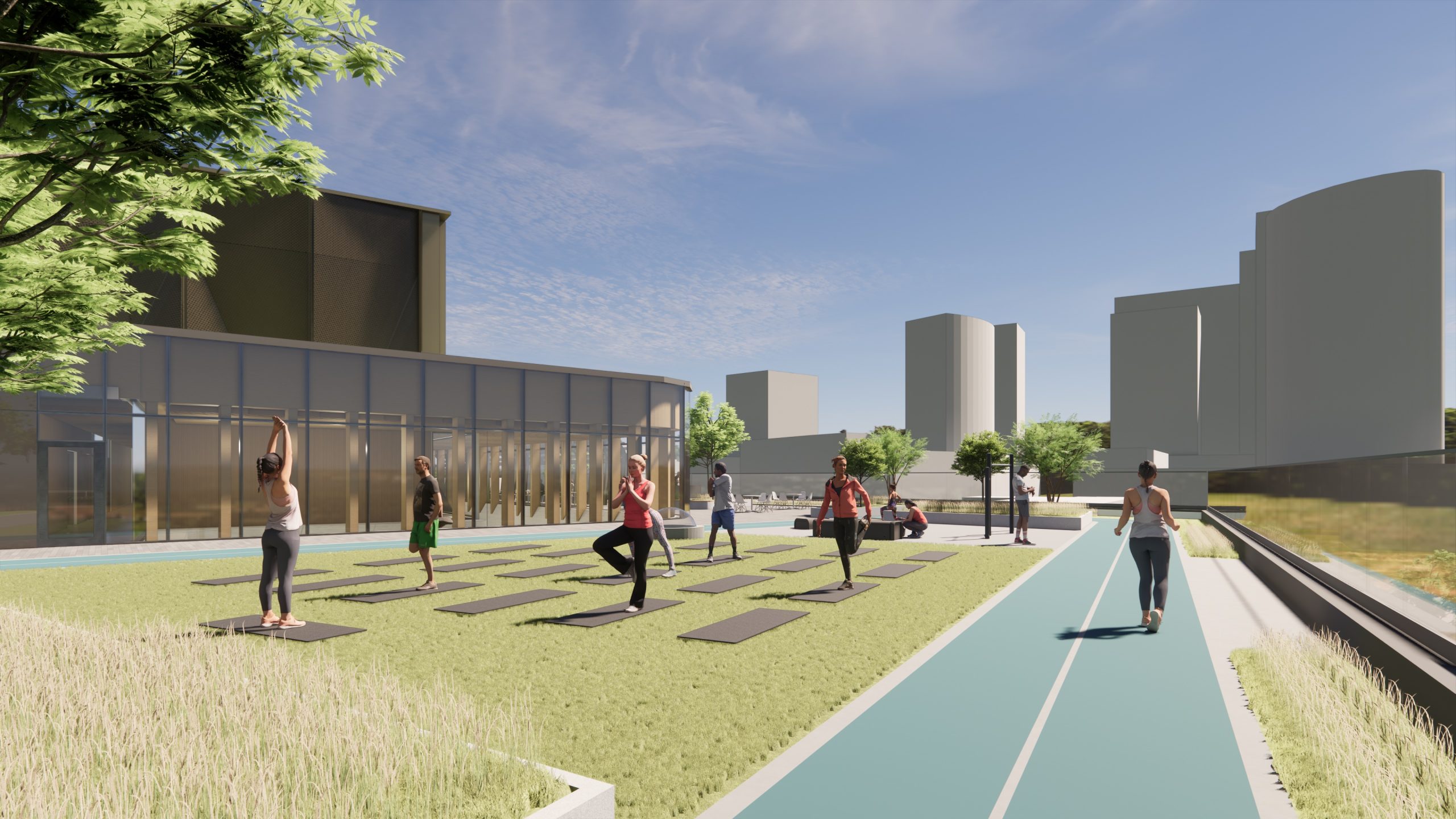 Exterior view of the new Lawrence Heights Community Recreation Centre showing the outdoor walking track and fitness area on the Centre’s roof.