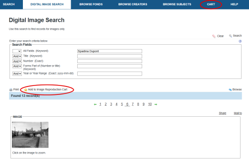 Screenshot of Archives' database Digital Image search interface