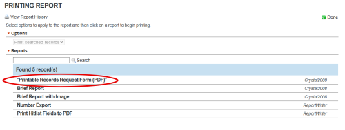Image of Archives database printing report screen