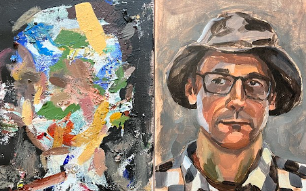 One abstract and one figurative portrait of a man side by side