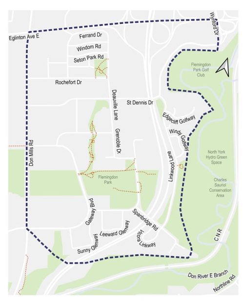 The Flemingdon Streets Park project area is located between Eglinton Avenue East to the north, Don Mills Road to the west, the east branch of the Don River to the east and Overlea Boulevard at Don Mills Road to the south.