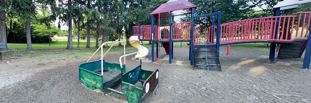A playground in a shaded park area with tall evergreen trees in the background. The play structure features red and blue railings, a tunnel slide, ramps, and bridges. In the foreground, there is a green play car structure on a gravel surface. The surrounding area includes open lawn and benches.