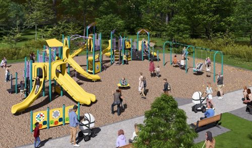 Aerial view of Playground Option B looking north-west. From left to right: play panels, senior play structure, group spinner, junior play structure, and swings