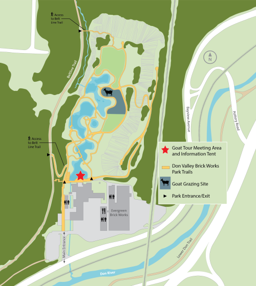 Map of the 2025 goat grazing project, showing the Beltline Trail, along with a legend showing the goat grazing site with a black goat icon, goat tour meeting area and information tent with a red star icon, Don Valley Brick Works Park Trails with a yellow line and the park entrance/exit with black right-facing arrows. 