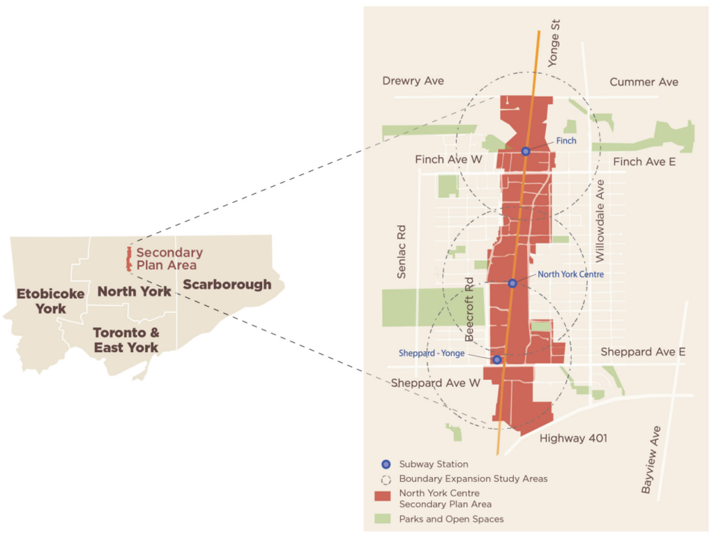 A map showing the boundaries of the North York Centre Secondary Plan area, as well as a key map showing the location of the area within the overall city context.