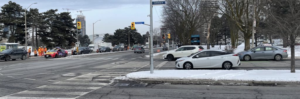 An intersection in the Flemingdon Park neighbourhood