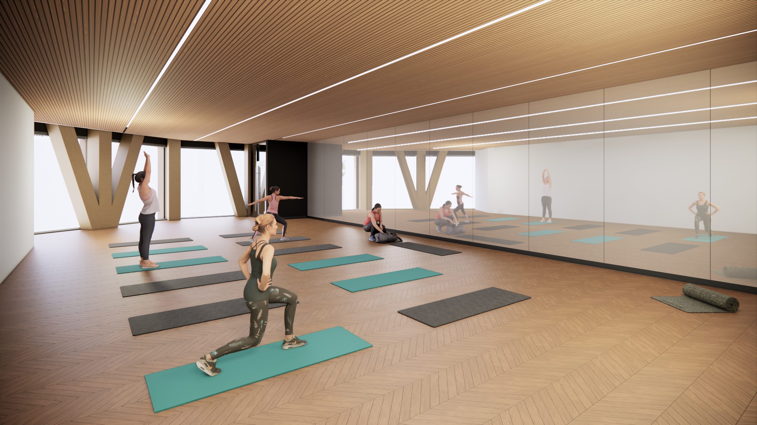 Interior view of the new Lawrence Heights Community Recreation Centre showing the new fitness studio.