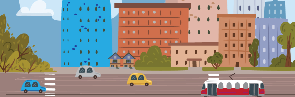 Graphic image of cars driving on a road in the foreground, with a streetcar as well. Background is different size houses and apartment buildings.