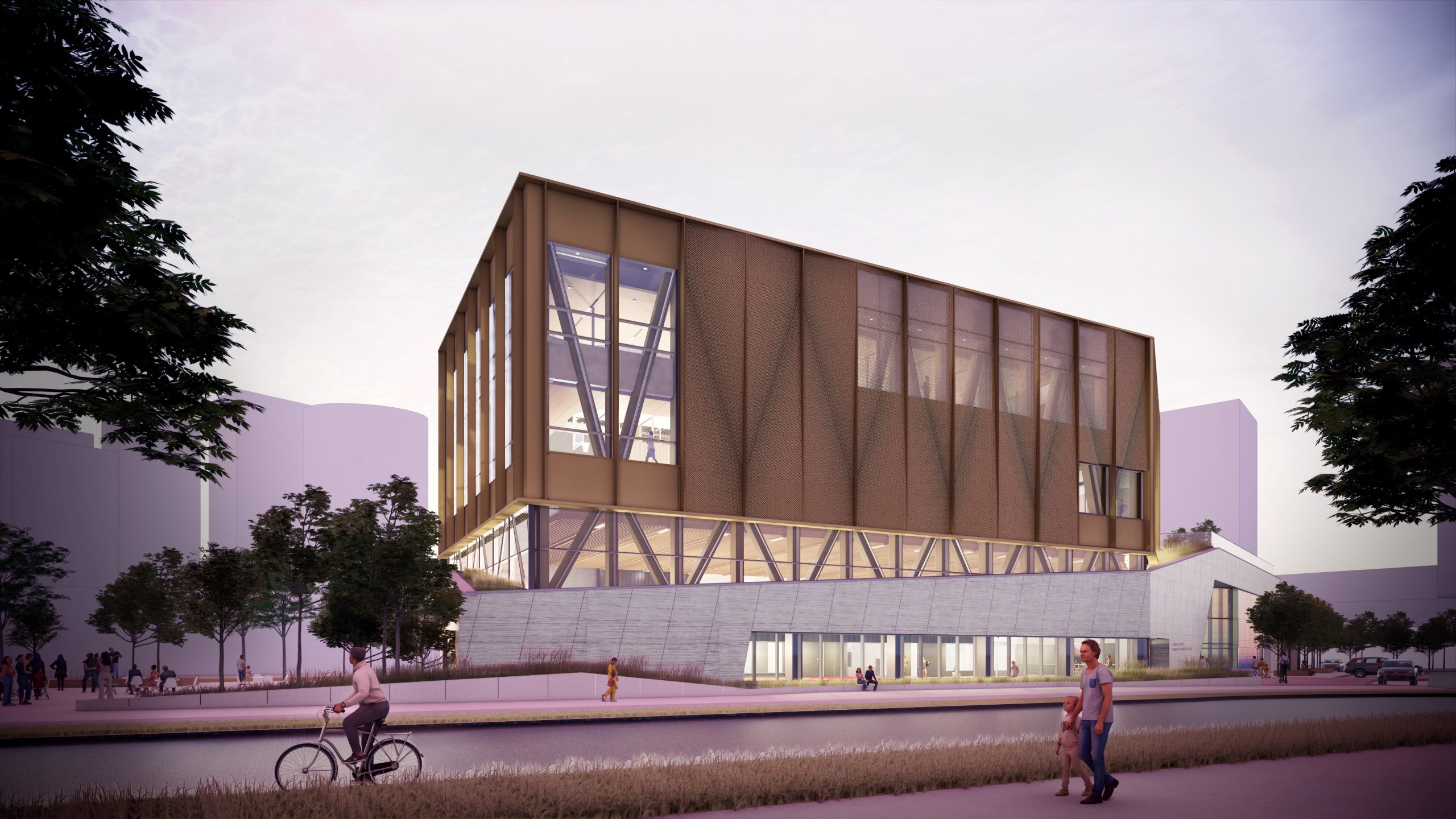 Exterior view of the new Lawrence Heights Community recreation Centre showing a modern facade with three storeys featuring views into the aquatics area, gym and upper running track.