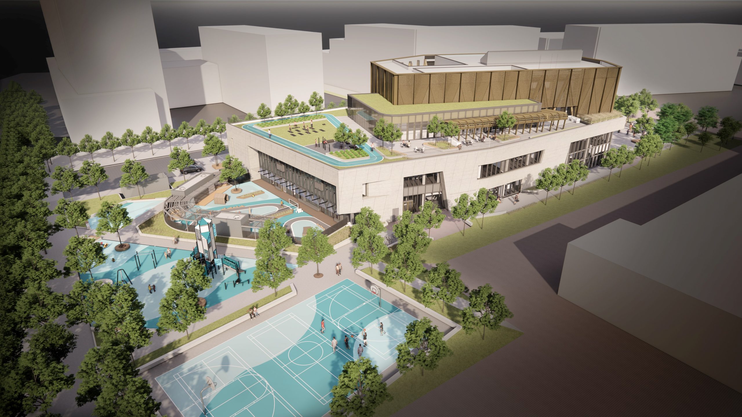 Exterior aerial view of the new Lawrence Heights Community Recreation Centre showing an aerial view of the outdoor amenities including multi-sport court, playgrounds and active rooftop.