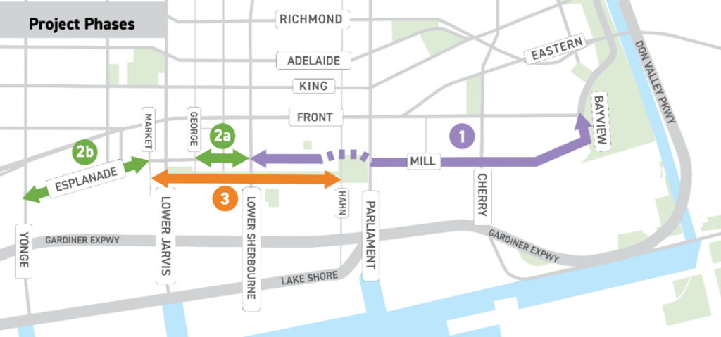 Map showing the project area. The project area includes The Esplanade from Yonge Street to Bayview Avenue