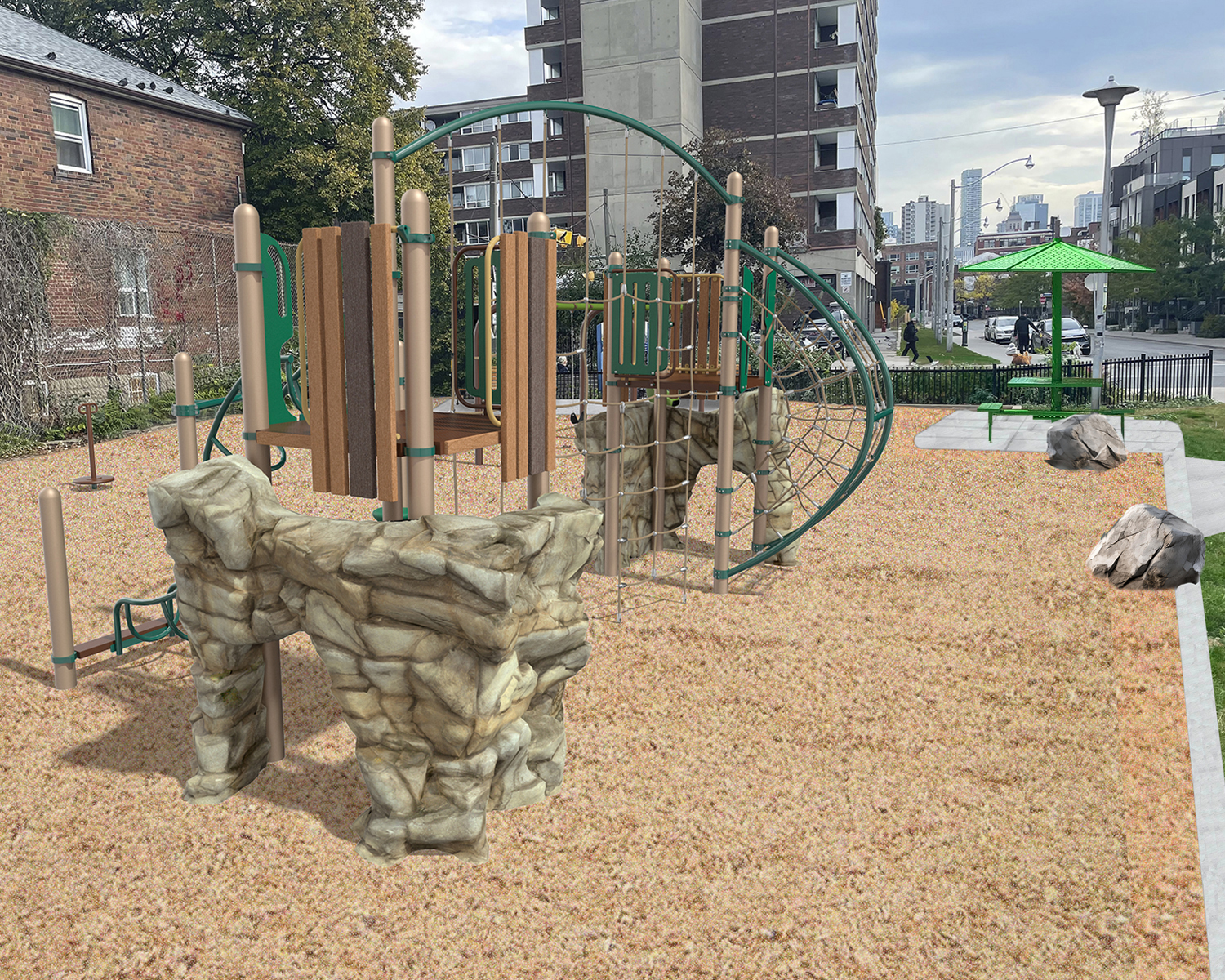 A rendering of the playground featuring natural colours such as forest green, brown, and beige. The patio table is light green.
