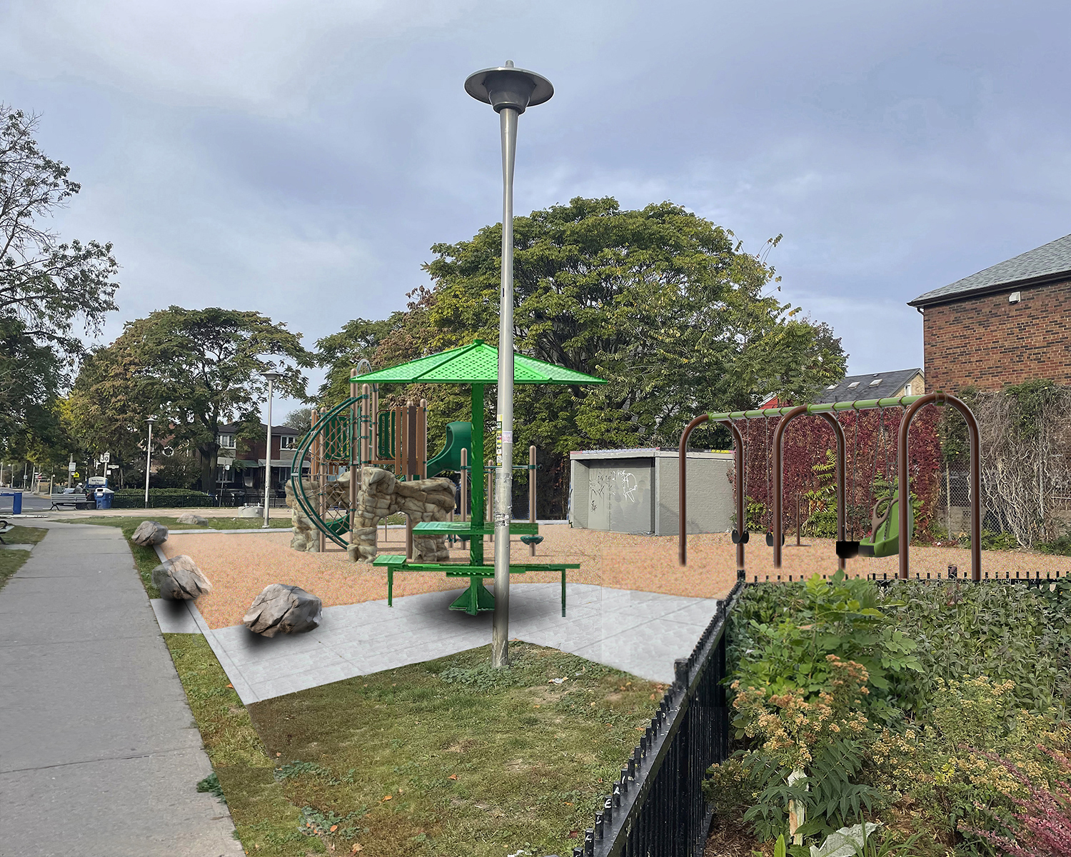 A rendering of the new playground looking from the east to the west, with a covered picnic table in the foreground.