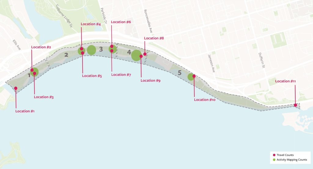 A map showing the Western Beaches public life study locations for travel and activity counts.