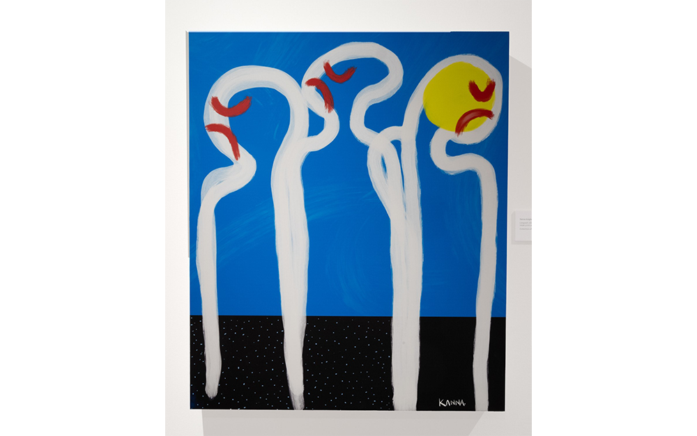 Three white abstract figures with red angry markings on a bright blue background over a black dotted area.