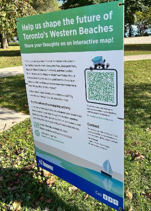Signage for an interactive mapping activity to shape the future of Toronto’s Western Beaches.