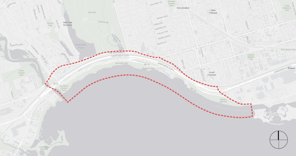 A context map of the City of Toronto, which displays the City and highlights the location of the study area. The map is not to scale.