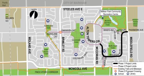 Map of project area from Steeles Avenue East to McNicoll Avenue and from Midland Avenue to Middlefield Road