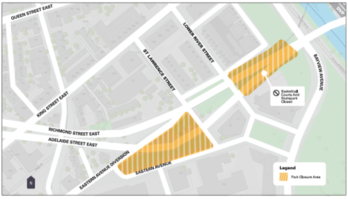 Map of area of Underpass Park which is closed from May 12 till Spring 2026. Please contact Maria Lippa at 416-495-4214 or email EastAdelaideBrdg@morrisonhershfield.com