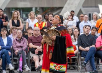 Grandmother Kim Wheatley of Curve Lake First Nation leading the National Indigenous Peoples Day Sunrise Ceremony on June 21, 2024.