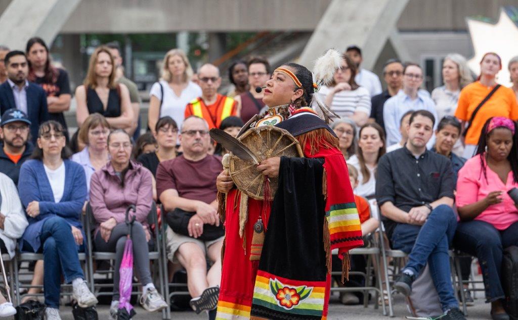 Grandmother Kim Wheatley of Curve Lake First Nation leading the National Indigenous Peoples Day Sunrise Ceremony on June 21, 2024.