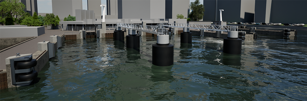 View of the main ferry docks seen from the water looking towards land. Most prominent are the large rubber fenders that guide the ferries into each dock.
