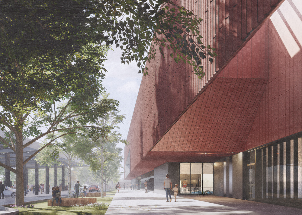 Rendering of the east side of the community centre from the pedestrian promenade. The upper storey and overhang of the building are clad in terracotta-coloured panels, while the lower storey features floor-to-ceiling windows and a dark grey exterior. A wide pedestrian walkway runs between the side of the building and a treed, landscaped green area with benches. A parking lot is visible in the background.