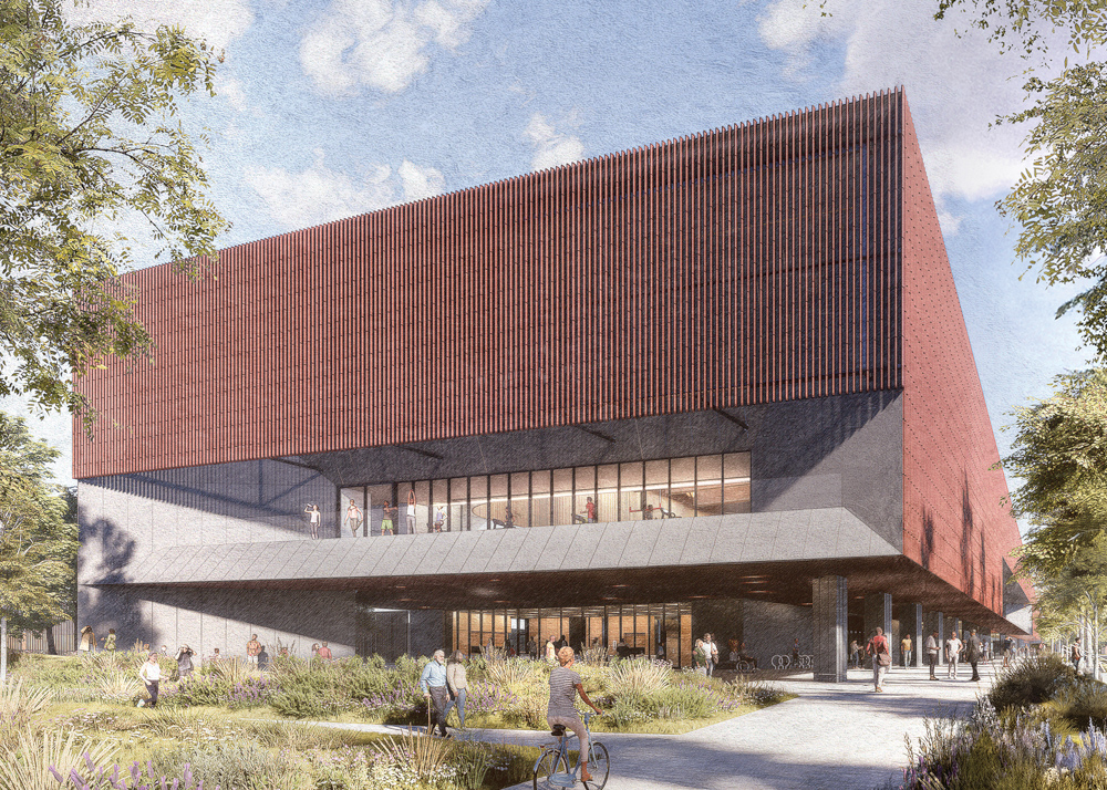 Rendering of the rectangular two-storey community centre. The upper storey is clad in vertical, terracotta-coloured panels and extends beyond the lower storey, which has a smooth grey finish. The overhang is supported by columns and provides shade at the entrance and along the pedestrian walkway. People are shown walking or cycling through the landscaped garden in front of the building and the connected paths.