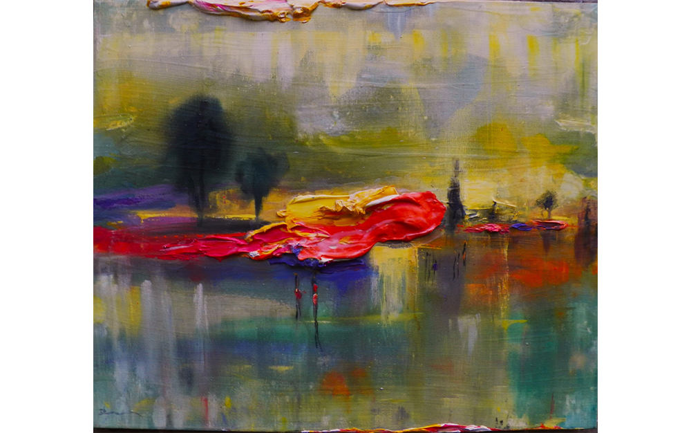 A textured abstract painting with thick red and yellow impasto reflecting in hazy blue and green.