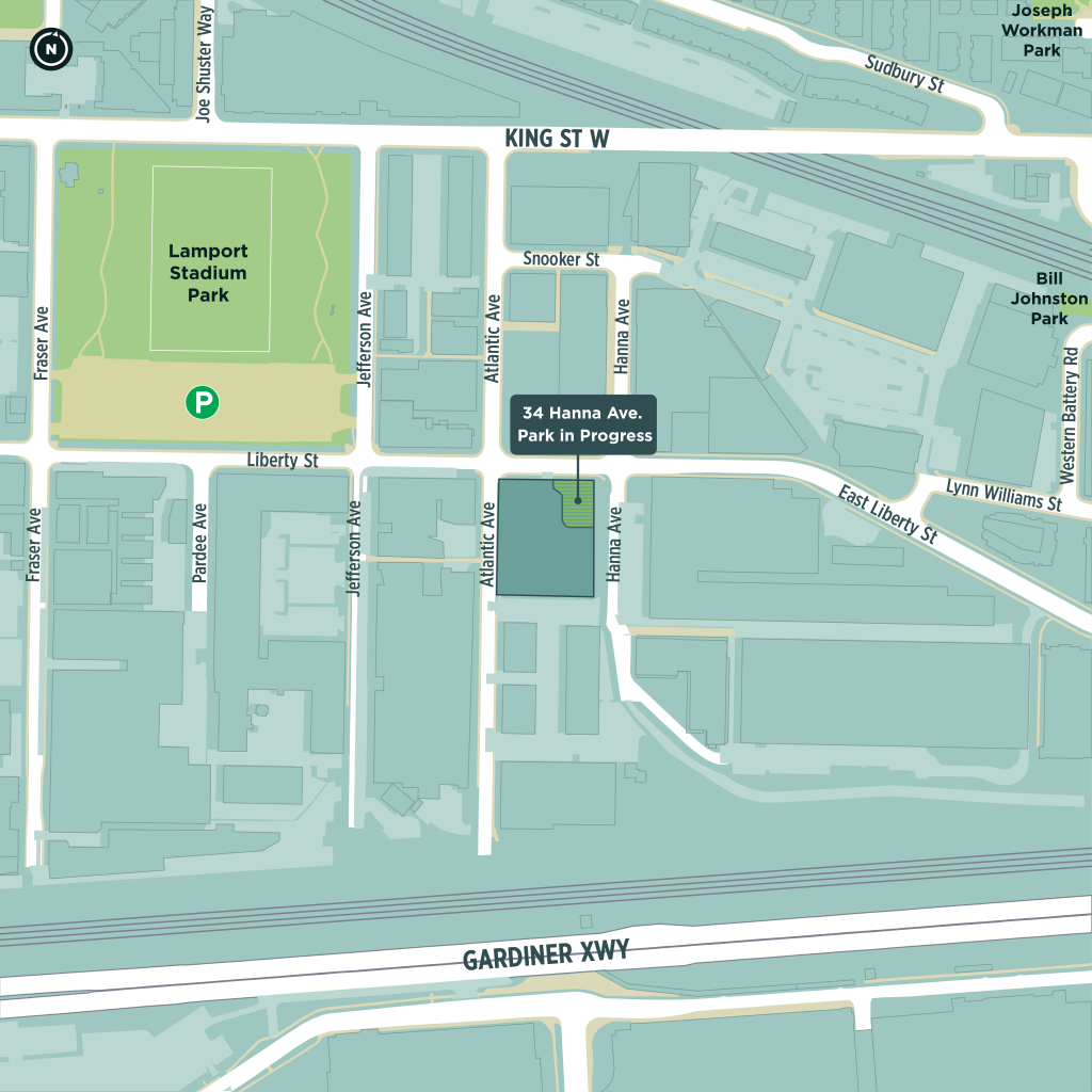 Map showing the location of the “34 Hanna Ave. Park in Progress” in Toronto. The park is bordered by Hanna Avenue and Atlantic Avenue, just north of East Liberty Street. Nearby landmarks include Lamport Stadium Park to the northwest, Bill Johnston Park to the northeast, and the Gardiner Expressway to the south. The surrounding streets include Liberty Street, King Street West, Snooker Street, and Lynn Williams Street.