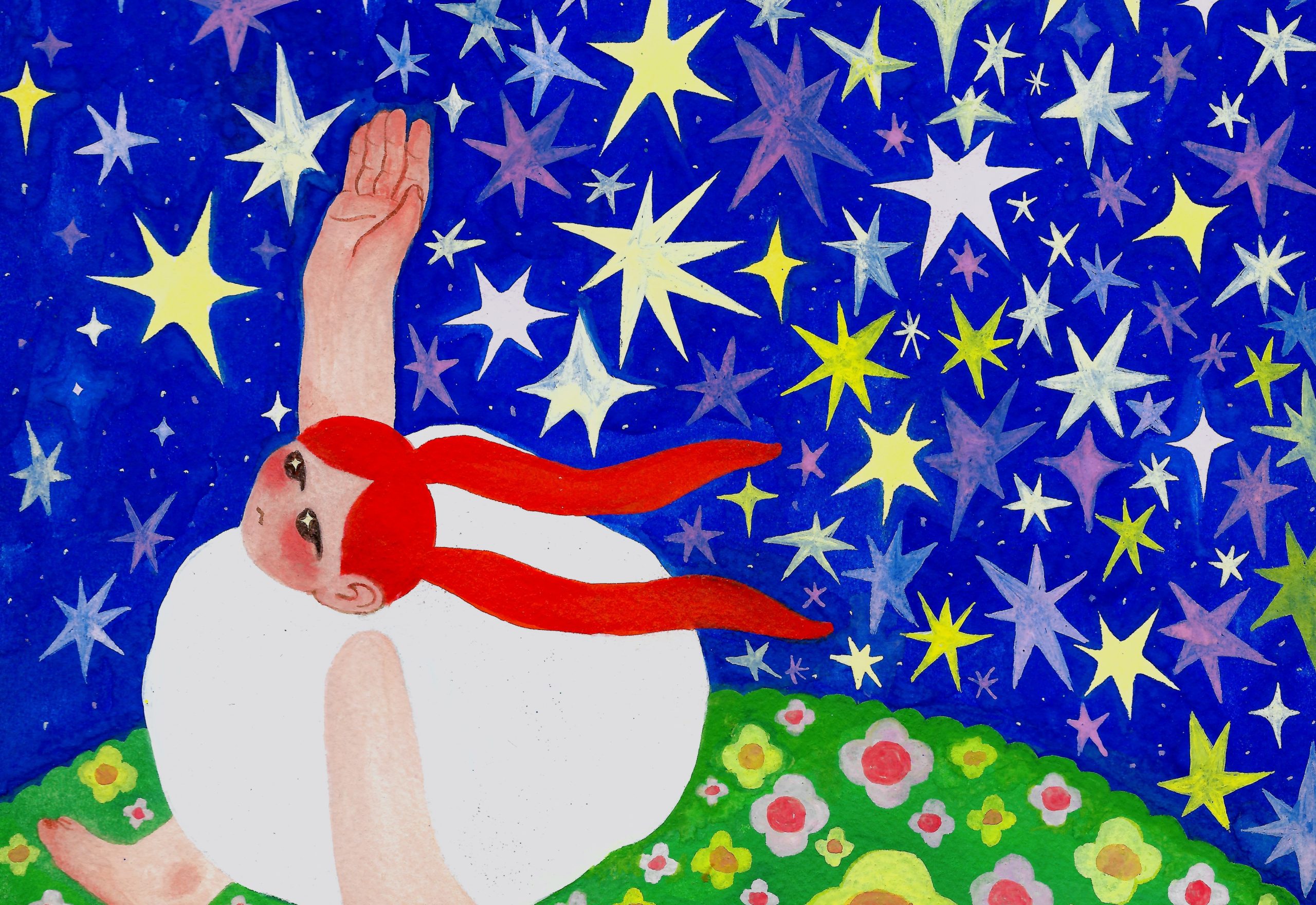 Colourful illustration of a girl with red hair against a starry background