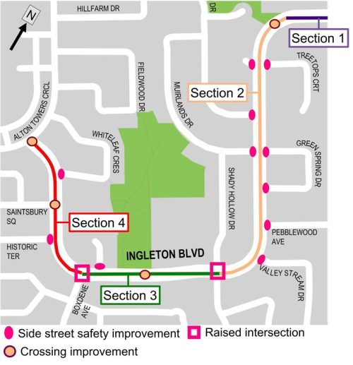 Map of project corridor on Ingleton Boulevard divided into sections