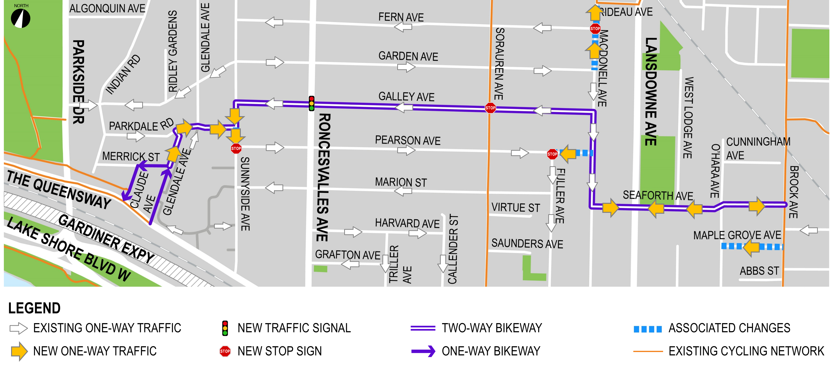 Map showing West Parkdale Cycling Connections bikeway and associated changes