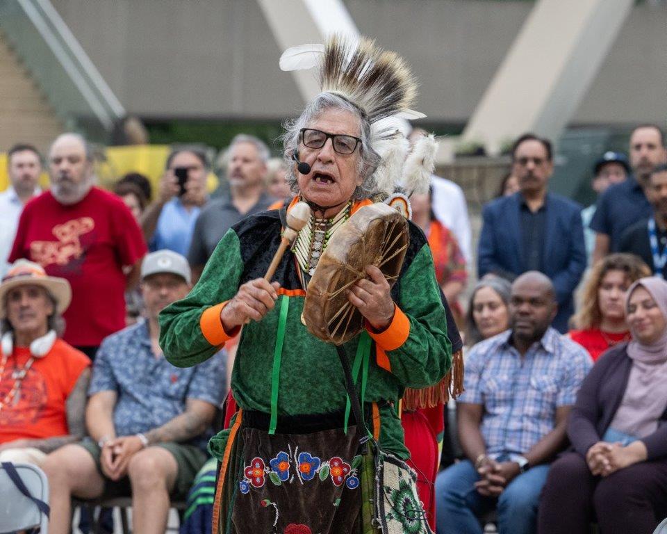 Elder Garry Sault of Mississaugas of the Credit First Nation leading the National Indigenous Peoples Day Sunrise Ceremony on June 21, 2024.