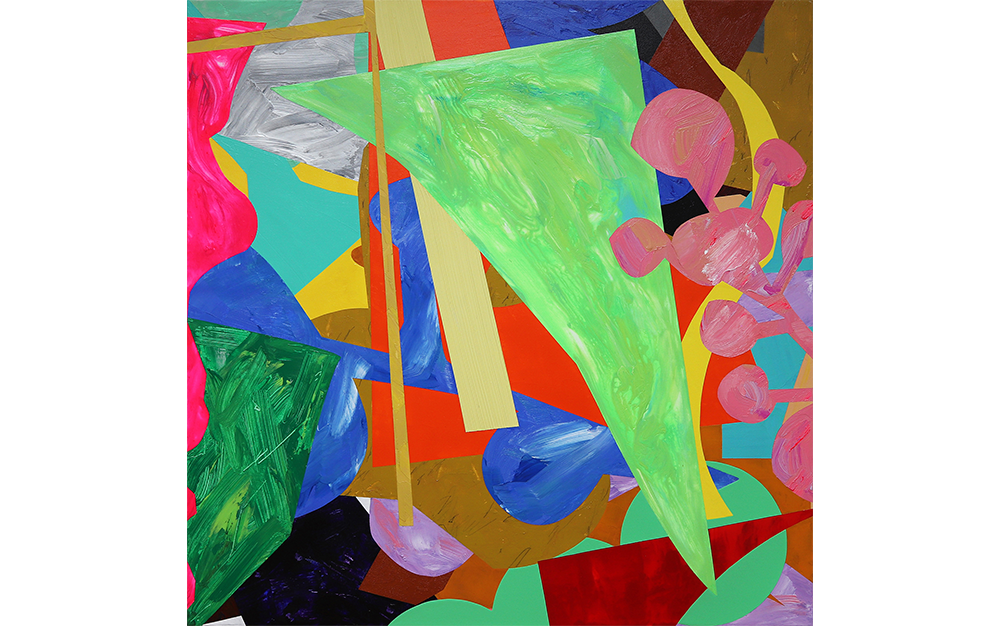Acrylic painting of colourful abstract geometric and botanical shapes