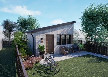 Rendering of Pre-Approved studio garden suite, showing image of garden suite in backyard context.