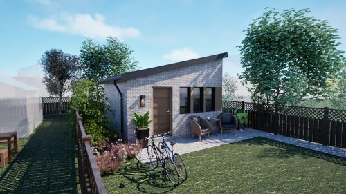 Rendering of Pre-Approved studio garden suite, showing image of garden suite in backyard context.