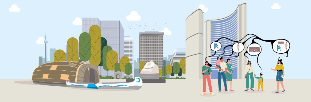 A graphic image of Nathan Philips Square featuring City Hall in the background. In the foreground we see the Spirit Garden.