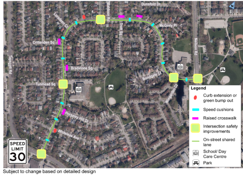 A map of Crow Trail showing the proposed changes including curb extensions, speed cushions, raised crosswalks, intersection safety improvements and on-street shared lane for people driving and cycling.