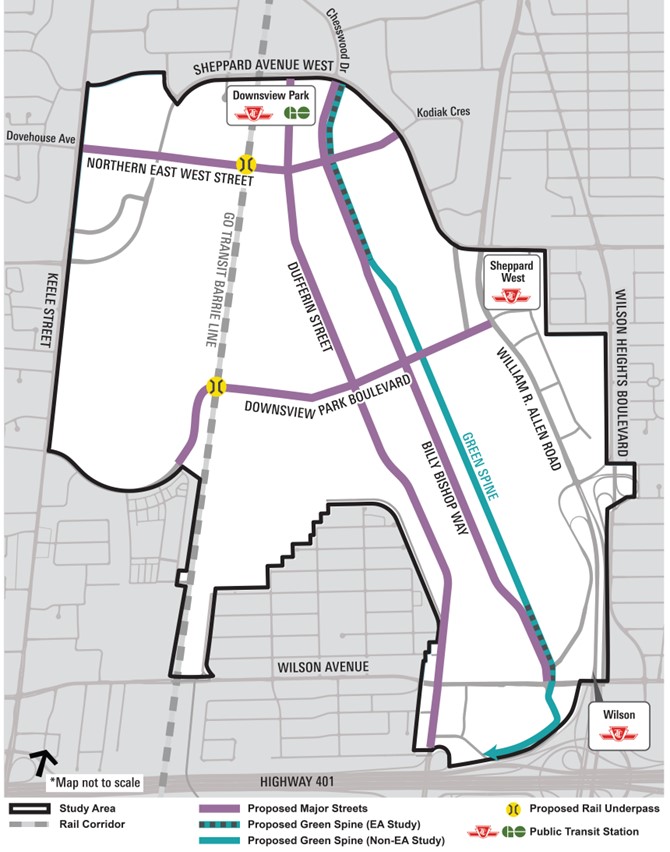 Map of four proposed streets in Downsview. Phone contact for detailed explanation.