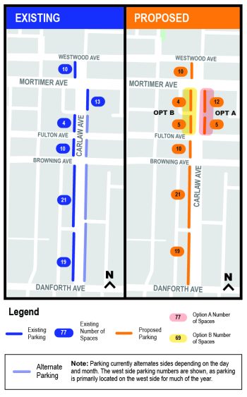 Map image of parking locations on Carlaw Avenue.