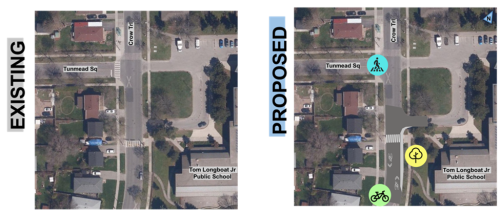 On the left is an image of current conditions at Crow Trail and Tunmead Square and on the right is an image showing proposed changes at the intersection which include curb extensions and green space at the crossover near Tom Longboat Junior Public School and on street shared lanes on Crow Trail and designated crossing for people cycling.