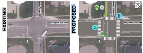 The left image shows existing conditions at Water Tower Gate and Sheppard Avenue East and the right image shows the proposed changes at the intersection which include improved crossing opportunities, a new multi-use path on the west side of Water Tower Gate and bike boxes at the southwest corner.