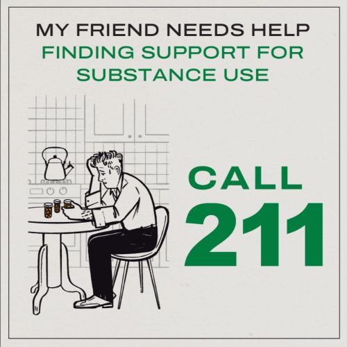 Poster describing to call 211 when my friend needs help finding support for substance use