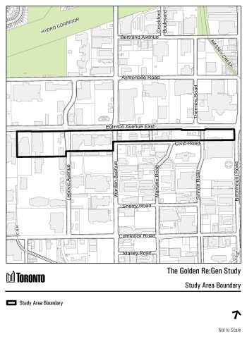 Map of the Golden Mile Regeneration Area Study Boundary. The City of Toronto strives to adhere to the accepted guidelines and standards for accessibility and usability. However, it is not always possible to do so with all documents. Should you experience any difficulty reviewing our documents, please email cityplanning@toronto.ca.