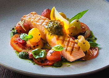 Plate of salmon and vegetables