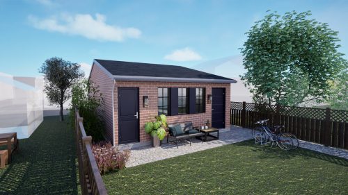 Rendering of Pre-Approved studio laneway suite, showing image of garden suite in laneway context.