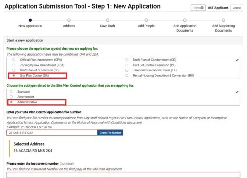 Screenshot of Site Plan Control (SA) Applications - New Subtype Added: Administrative. 