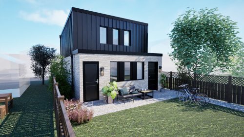 Rendering of Pre-Approved two-bedroom laneway suite, showing image of laneway suite in context.