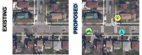 On the left is an image of current conditions at Crow Trail and Baldoon Road and on the right is an image showing proposed changes at the intersection which include new crosswalks, on street shared lanes on Crow Trail and designated crossing for people cycling and curb extensions. and green space. 